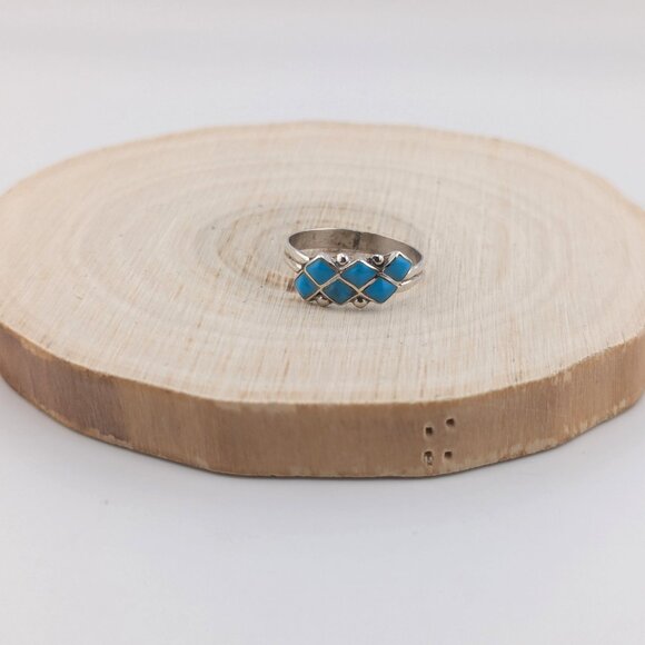 Zuni Turquoise Mini Diamond Cluster‎ Inlay Ring NA Handmade Jewelry Sz 9.25US ** - Picture 3 of 9